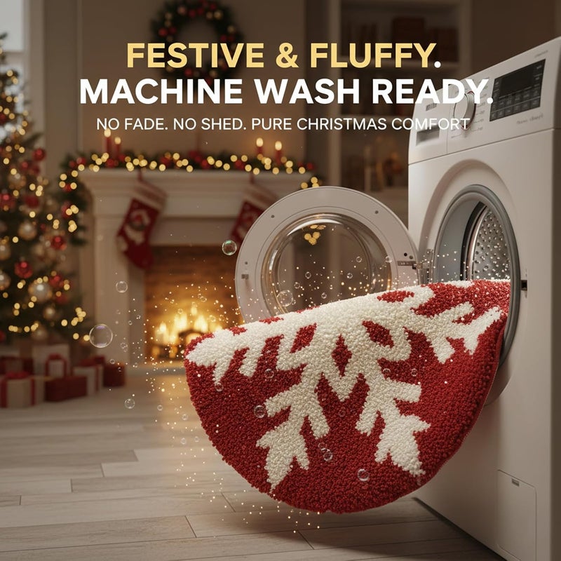 REFGY Christmas Bath Rug, 24x24" Red Snowflake Round Bathroom Mat, Extra Soft & Absorbent, Machine Washable Non Slip Shower Mat, Winter Themed Xmas Plush Bathroom Floor Rug for Holiday Décor Snow Bath Rug - Image 5